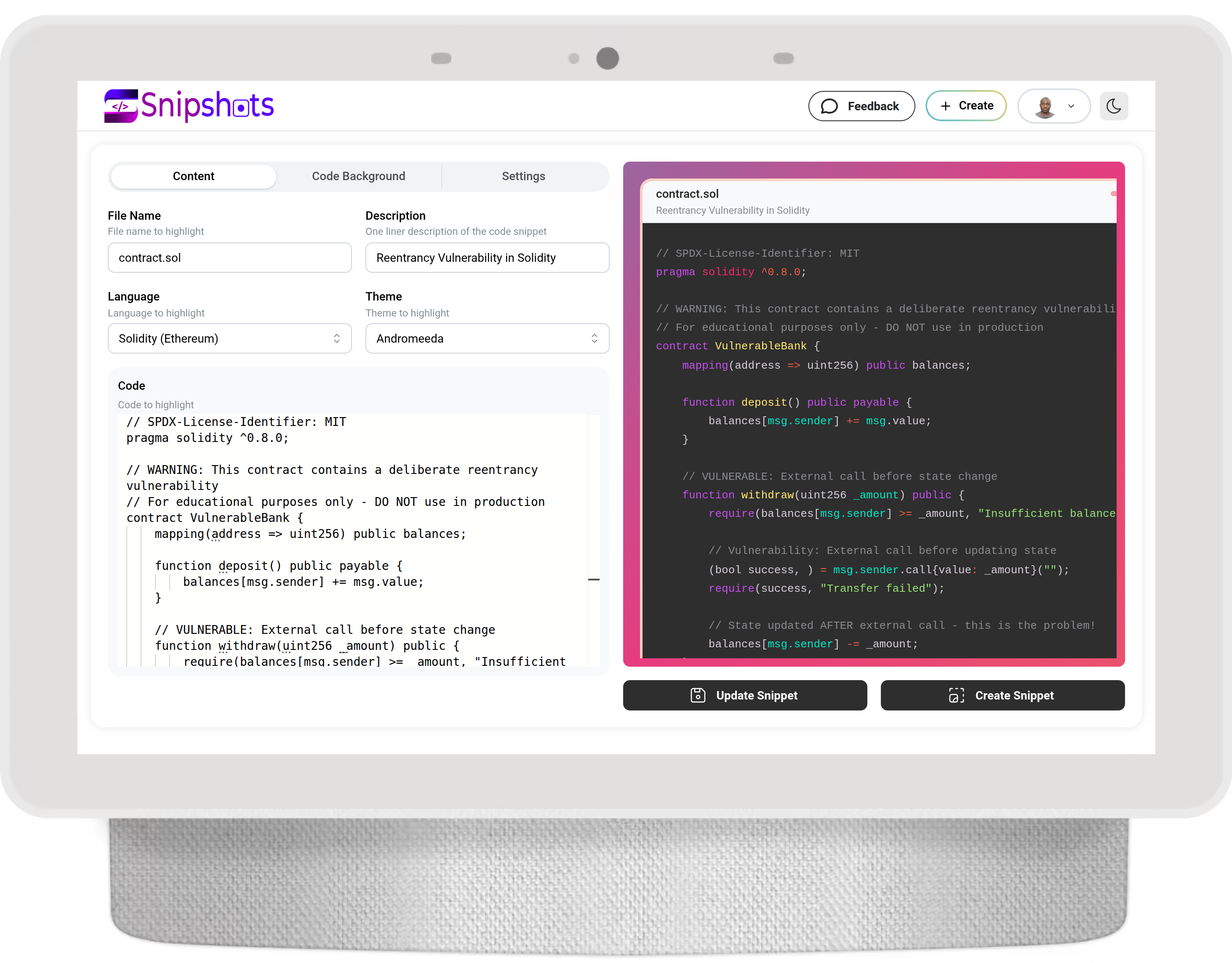 Beautiful Code Snippets with Syntax Highlighting | Snipshots
